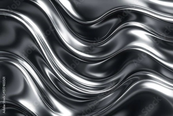 Fototapeta Real Chrome Metallic Texture with Abstract Reflective Waves – Futuristic Material Surface