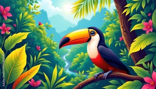 Fototapeta a vibrant tropical landscape where a parrot with blue feathers is perched on a branch near the center of the frame