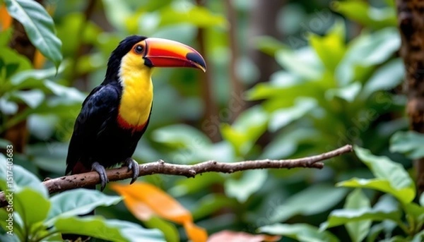 Fototapeta a vibrant toucan perched amidst lush greenery