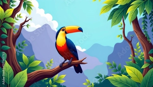 Fototapeta an illustration of a vibrant tropical parrot perched atop a branch in a lush, verdant jungle setting