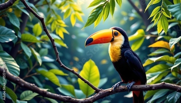 Obraz in this vibrant image, a toucan is perched on a tree branch. the bird, with its striking plumage of yellow and green, gazes out towards the viewer