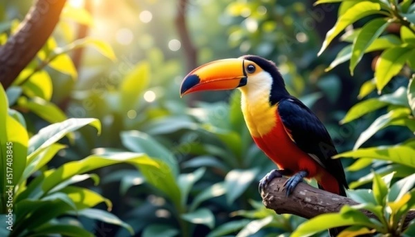 Fototapeta a vibrant parrot perched in a lush tropical setting. the parrot stands out with its colorful plumage, particularly in hues of yellow, green, red, and blue