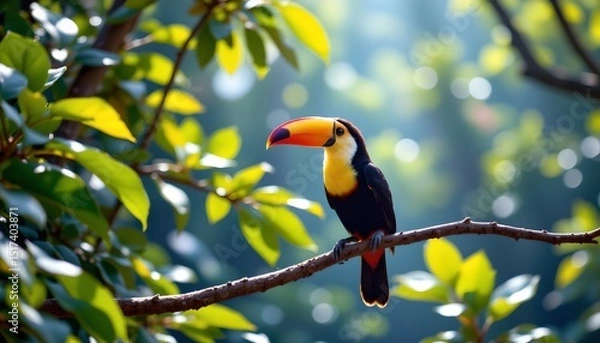 Fototapeta a single, colorful toucan perched on a branch within a lush green forest setting