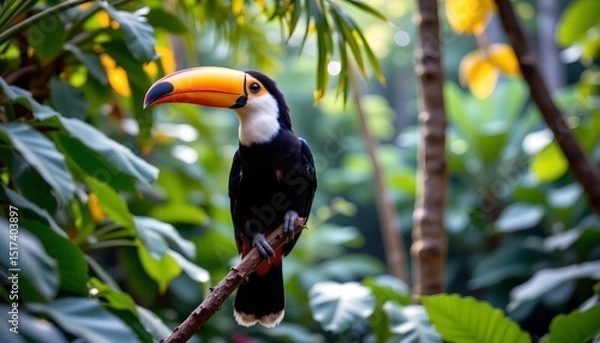 Obraz a parrot, likely a toucan given its size and distinctive bill, standing perched on a branch in what appears to be a lush tropical setting with abundant foliage and palm leaves