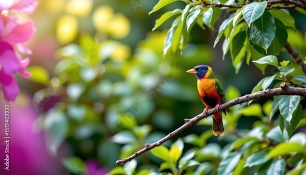 Fototapeta in a serene setting, a vibrant parrot sits perched on a branch adorned with delicate pink blossoms