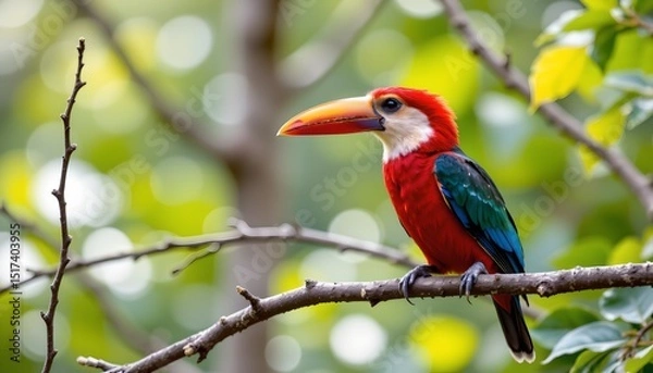 Fototapeta a large bird with vibrant plumage and a long beak perched on a thin branch in a natural setting. the bird is predominantly red with blue accents