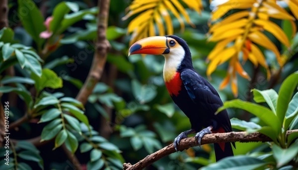 Fototapeta an exotic parrot perched in a lush tropical setting. the parrot exhibits vibrant colors and is adorned with a striking red head and blue back, with distinctive black markings around its eyes and beak