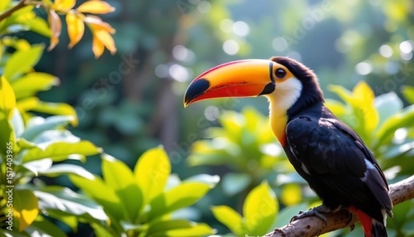 Fototapeta a vibrant toucan perched on a branch in a lush, tropical setting. the bird stands out against the green foliage, exhibiting its distinctive red and blue plumage and large bill