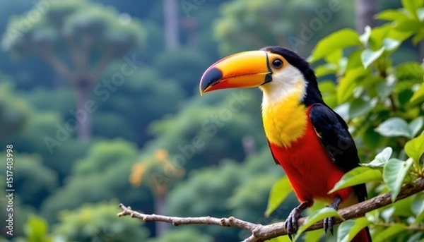 Fototapeta a vibrant parrot perched on a branch within a lush tropical setting