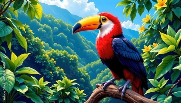 Fototapeta a vibrant scene set in a lush tropical environment. a large toucan with multicolored feathers is perched confidently on a sturdy branch