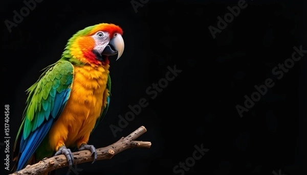 Fototapeta in the center of the image, a vibrant parrot with a combination of green and yellow feathers is perched confidently on a branch