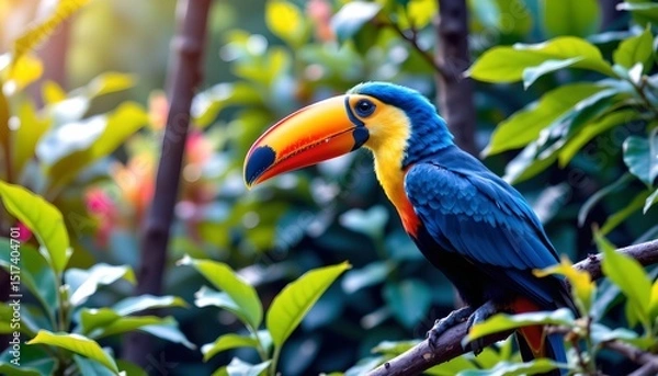 Fototapeta a tropical bird with vibrant plumage sits perched in a lush, green, foliage filled forest