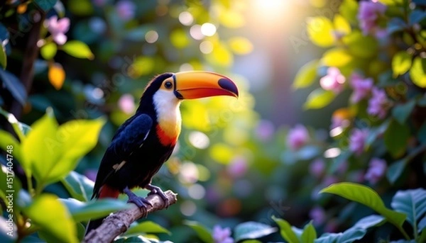Fototapeta a single, vibrant toucan perched atop a branch in what appears to be a lush tropical environment