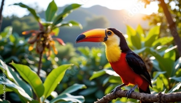 Fototapeta an exotic parrot with vibrant colors sits perched on a branch, surrounded by lush greenery in daylight