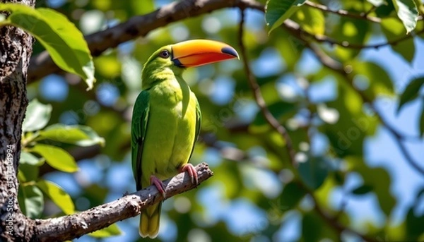 Fototapeta a vibrant parrot perched in a tree. the parrot is colorful with green and blue hues, its beak being white, and it appears to be looking towards the viewer
