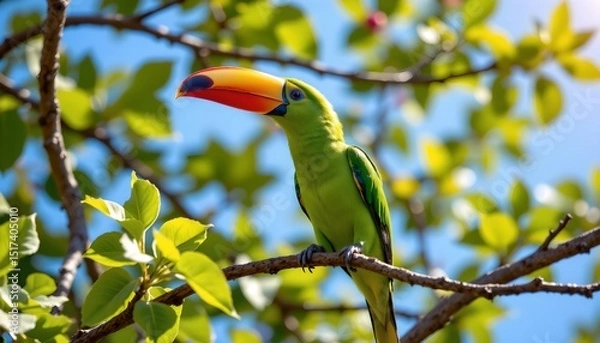 Fototapeta a tropical parrot perched on a branch near some foliage. the parrot has a vibrant plumage with bright colors on its feathers