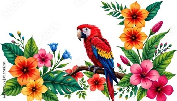 Fototapeta a vibrant parrot with a colorful floral frame surrounding it. the bird is perched on a branch, showcasing its bright feathers and distinctive crest
