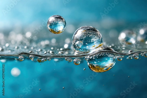 Obraz Oil drops and bubbles floating over water with a blue background