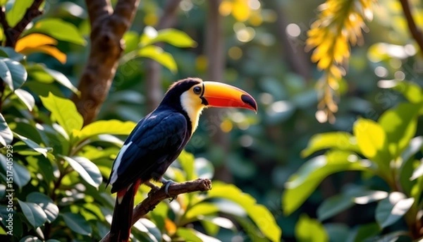Fototapeta a vibrant macaw perched confidently on a lush green plant amidst a sunlit environment. the bird's vivid plumage contrasts beautifully with its surroundings