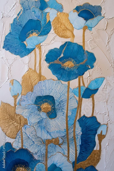 Fototapeta Elegant blue and gold floral design on textured wall creating a striking home decor accent