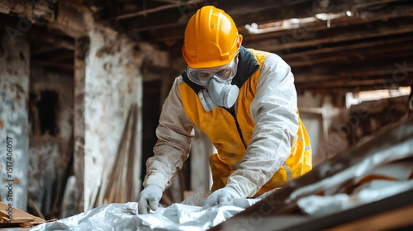 Fototapeta Worker in protective gear handling materials in a dilapidated building