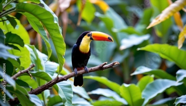 Fototapeta a close up view of a tropical rainforest. a vibrant toucan is perched confidently on a tree branch, occupying the central part of the frame