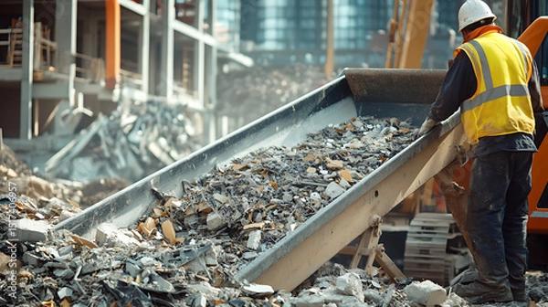 Fototapeta Worker managing debris on a conveyor belt at a construction site