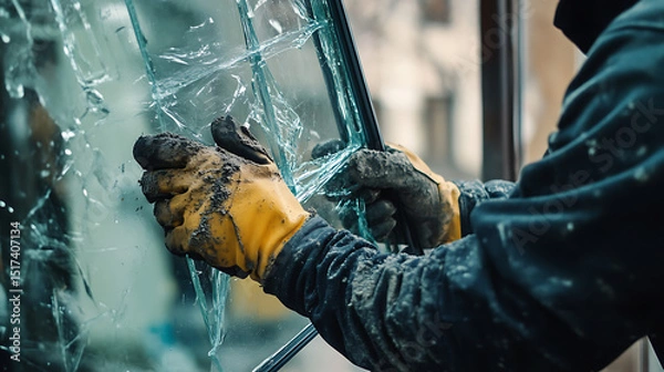 Fototapeta Worker Removing Shattered Glass from Window Frame