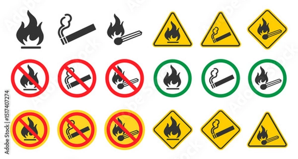 Obraz No open fire, no smoking icon symbol. No open flame sparkle logo sign. Not allowed, do not make fire. Prohibition, Prohibited, forbidden. Vector illustration. Isolated on white background.