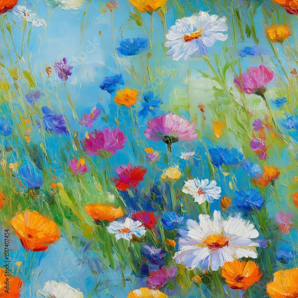 Fototapeta Vibrant wildflower field capturing a sunny day with colorful blooms in full bloom across the landscape
