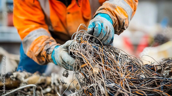 Fototapeta Worker Handling Tangled Electrical Wires for Recycling