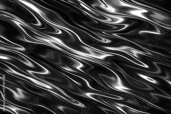 Fototapeta Real Chrome Metallic Texture with Abstract Reflective Waves – Futuristic Material Surface