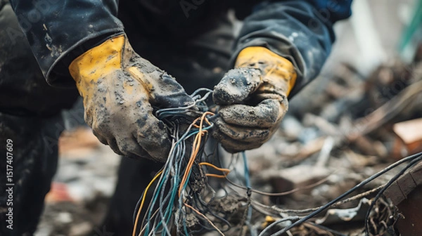 Fototapeta Worker Handling Tangled Wires Amidst Debris