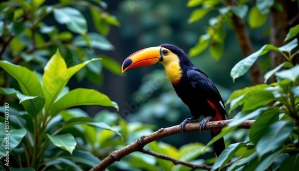 Fototapeta a brightly colored toucan perched on a branch in what appears to be a lush tropical setting with verdant foliage