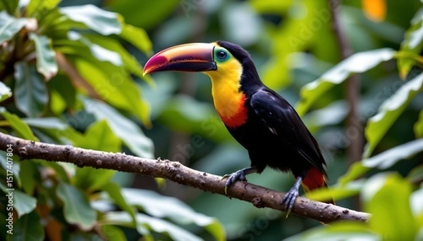 Fototapeta a tropical parrot with vibrant plumage is perched on a branch in what appears to be a lush, green environment