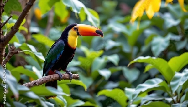 Fototapeta this is a photograph of a single keel billed toucan perched in a lush green foliage, likely a part of a larger tree with numerous broad leaves