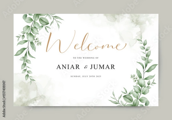Obraz Wedding invitation card template welcome sign set watercolor leaves
