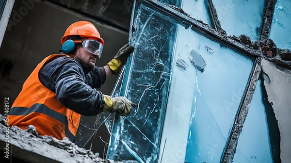 Fototapeta Worker in Safety Gear Removing Broken Glass from a Damaged Building