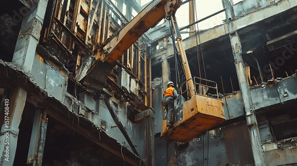 Fototapeta Worker on a crane-operated platform dismantles an industrial building structure