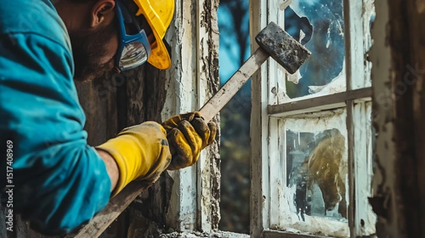 Fototapeta Worker Removing Old Window Frame with Hammer