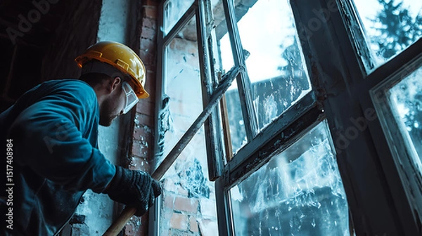Fototapeta Worker in Hard Hat Repairing a Broken Window