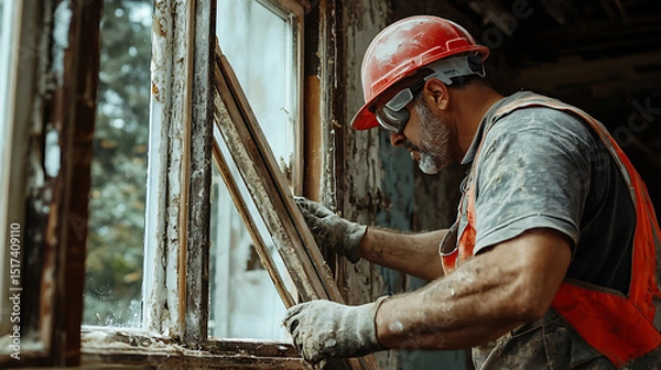 Fototapeta Worker in Safety Gear Installing a Window Frame