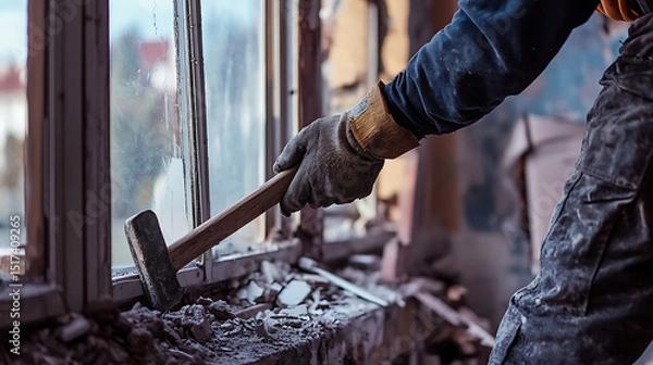 Fototapeta Worker Using Hammer to Remove Window Frame