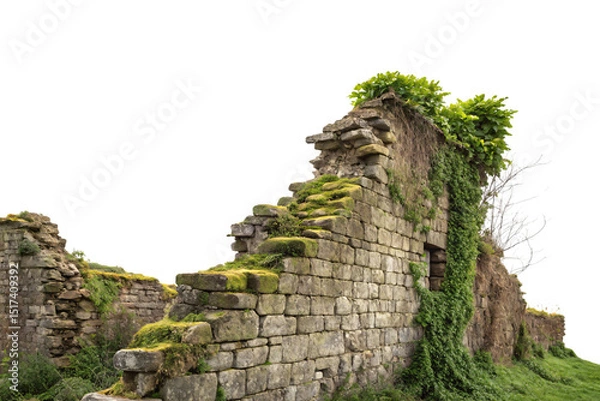 Fototapeta Moss-covered medieval stone wall ruins with deteriorating blocks and natural vegetation growth patterns throughout, isolated on a transparent background