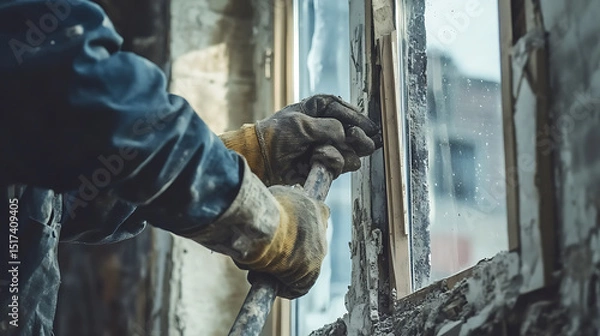 Fototapeta Worker Installing Window Frame in Construction Site