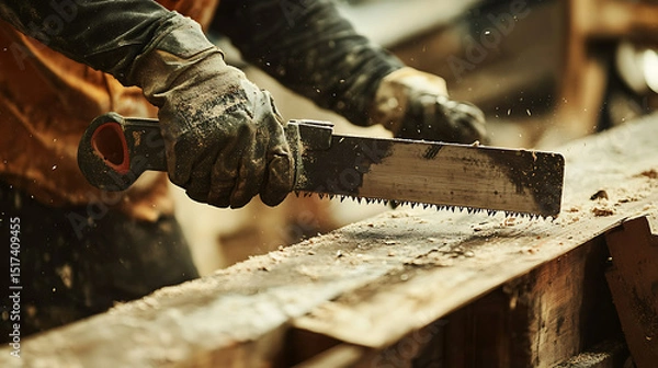 Fototapeta Craftsman Using Hand Saw to Cut Wood in Workshop