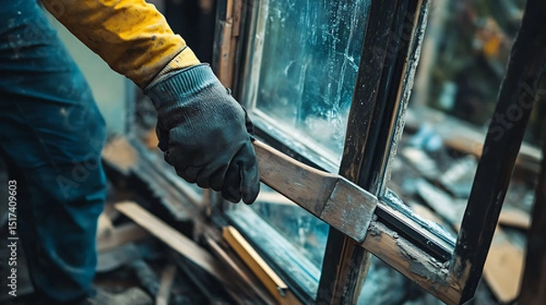 Fototapeta Worker Installing or Repairing a Window Frame