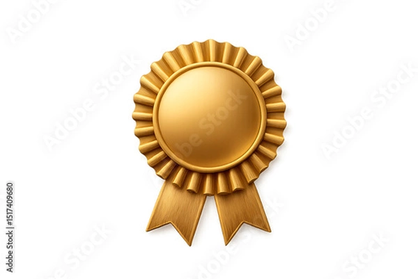 Fototapeta Ornate gold medal featuring pleated rosette border with smooth center disc and two decorative ribbon streamers, isolated on a transparent background