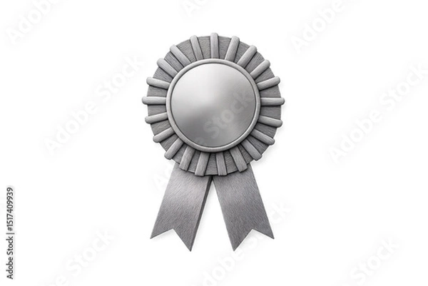 Fototapeta Silver prize rosette with textured pleated petals surrounding smooth center medallion and hanging ribbon streamers, isolated on a transparent background