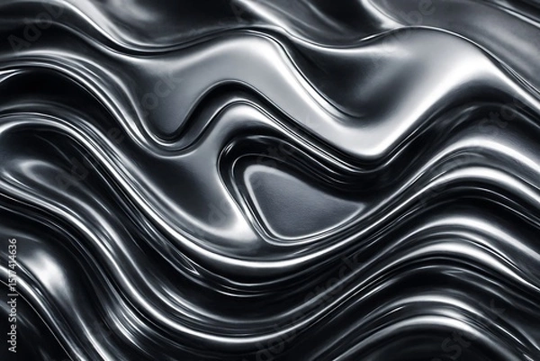 Fototapeta Real Chrome Metallic Texture with Abstract Reflective Waves – Futuristic Material Surface